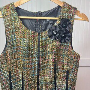 Oleg Cassini Vintage Sheath Dress Sleeveless Rainbow Stitching Knit Fringe Zippe